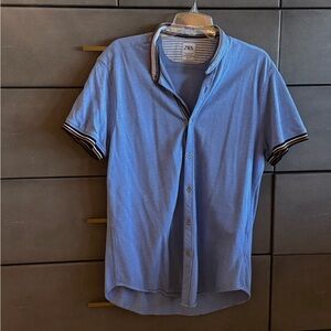 Zara Light Blue Striped Collar Polo Slim Fit